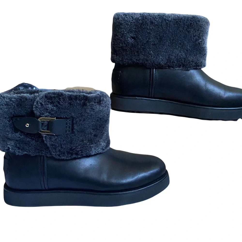 NEW UGG Classic Berge Mini Leather and Genuine Shearling Black Boot